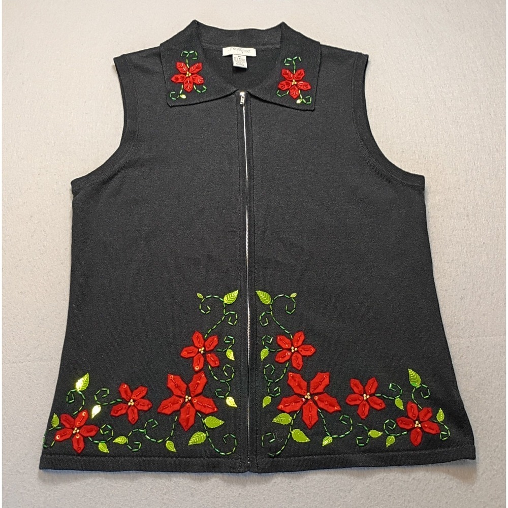 Mercer Street‎ Sweater Vest Med Black Red Holiday Christmas Poinsettia Full Zip